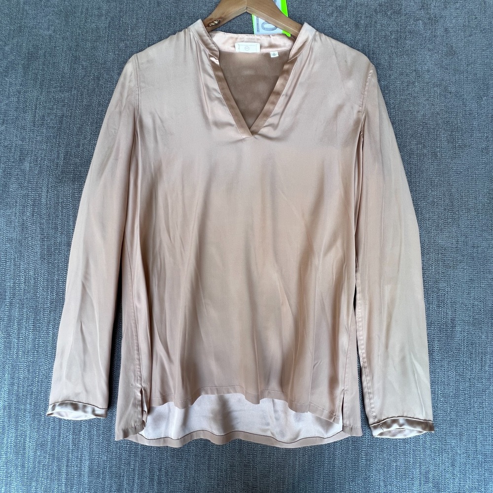 AG Adriano Goldschmied Blouse Top Women S Pink Silk High-Low Hem V-Neck Pullover